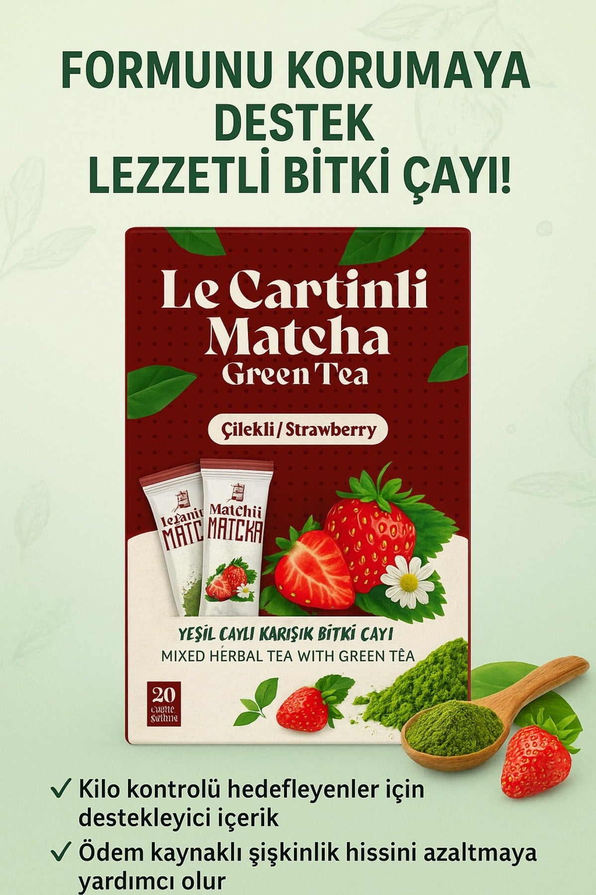 Le Cartinli Matcha Green Tea - Çilek Aromalı Doğal Ödem Çayı / 4 Kutu 4*20 80'lı