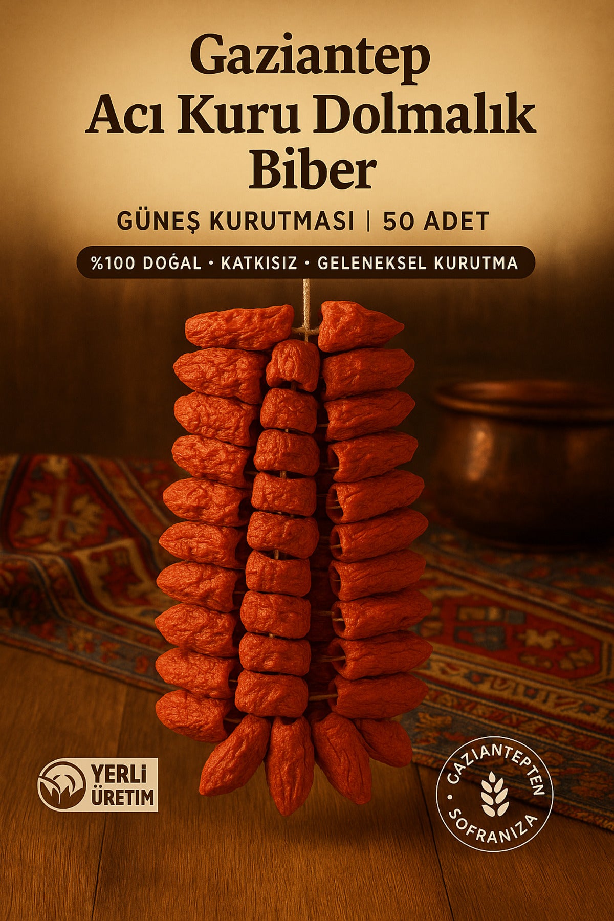 Gaziantep Acı Kuru Dolmalık Biber 50 Adet | %100 Doğal Güneş Kurutması
