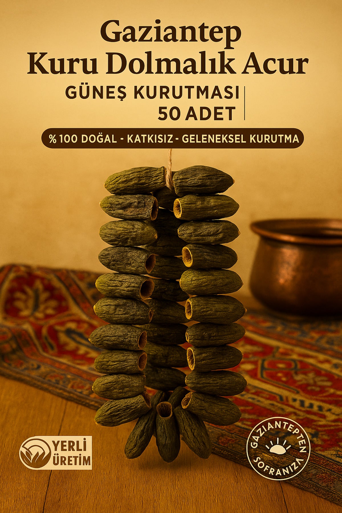 Gaziantep Kuru Dolmalık Acur küçük boy 50 Adet | %100 Doğal Güneş Kurutması