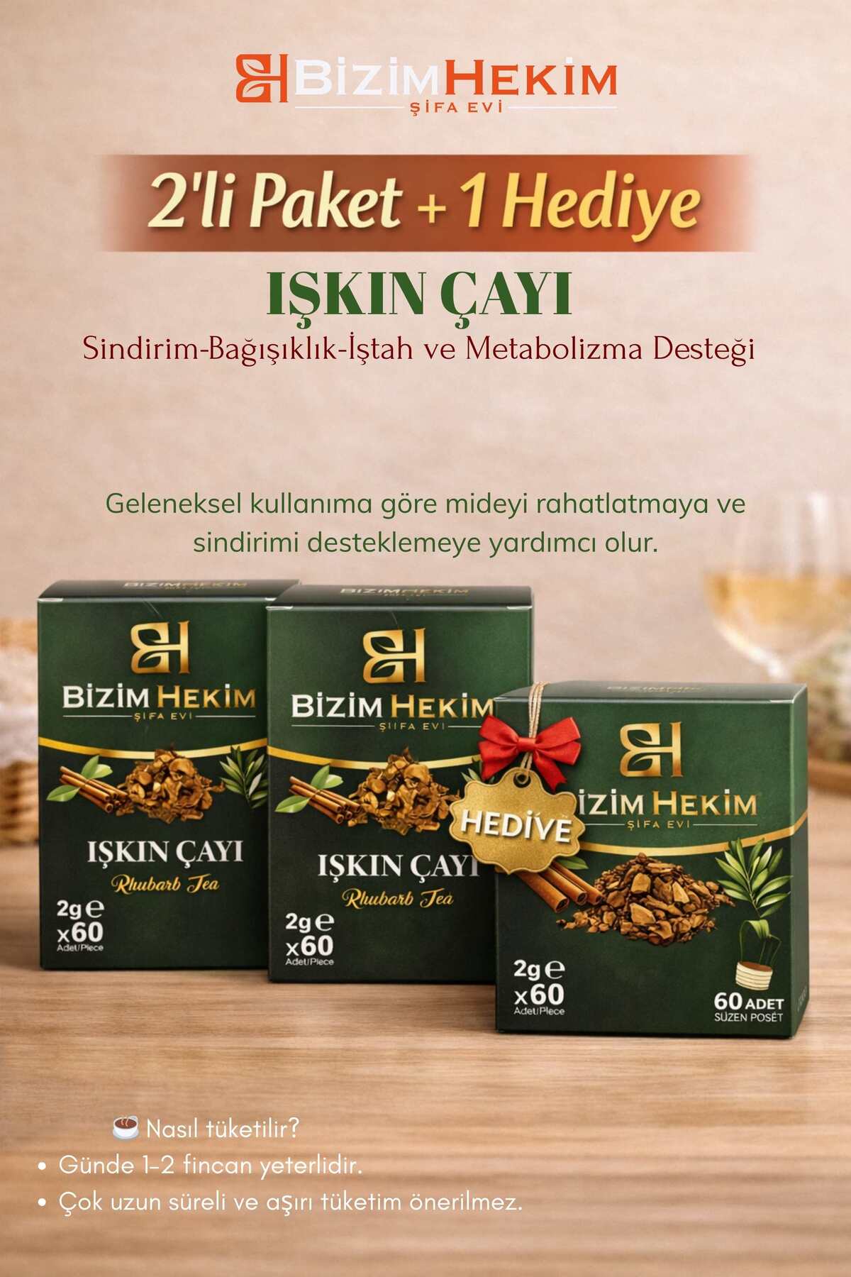 Bizim Hekim Işkın Çayı 2 Kutu + 1 Kutu Hediye, 2g x 60 Süzen Poşet Bitki Çayı