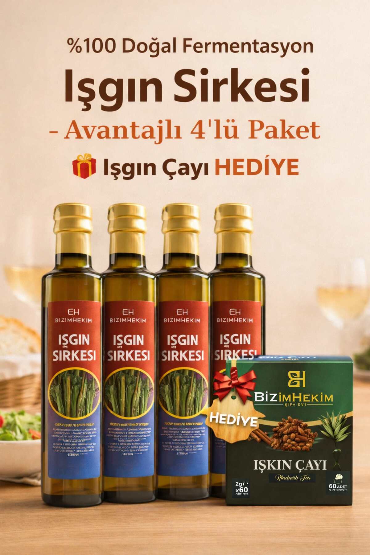 Bizim Hekim %100 Doğal Fermente Işkın Sirkesi (Rheum Ribes) 4x500 ml + Işkın Çayı Hediye