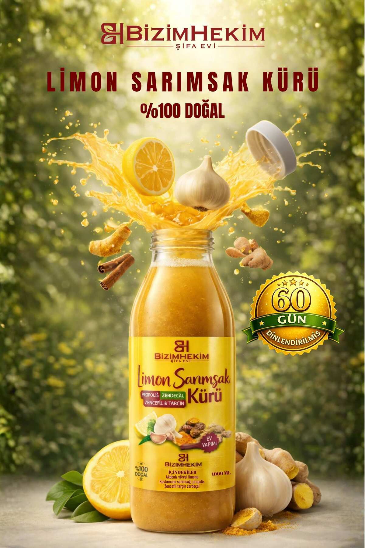 Zencefil Zerdeçal Tarçınlı Limon Sarımsak Kürü El Yapımı %100 Doğal Katkısız 1000 Ml (PVC)Şişe