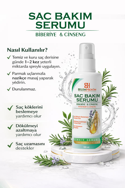 BizimHekim Biberiye Cinseng Saç Serumu Tüm Saç Tipleri İçin Dökülme Karşıtı Uzamaya Yardımcı Bakım 100 ML