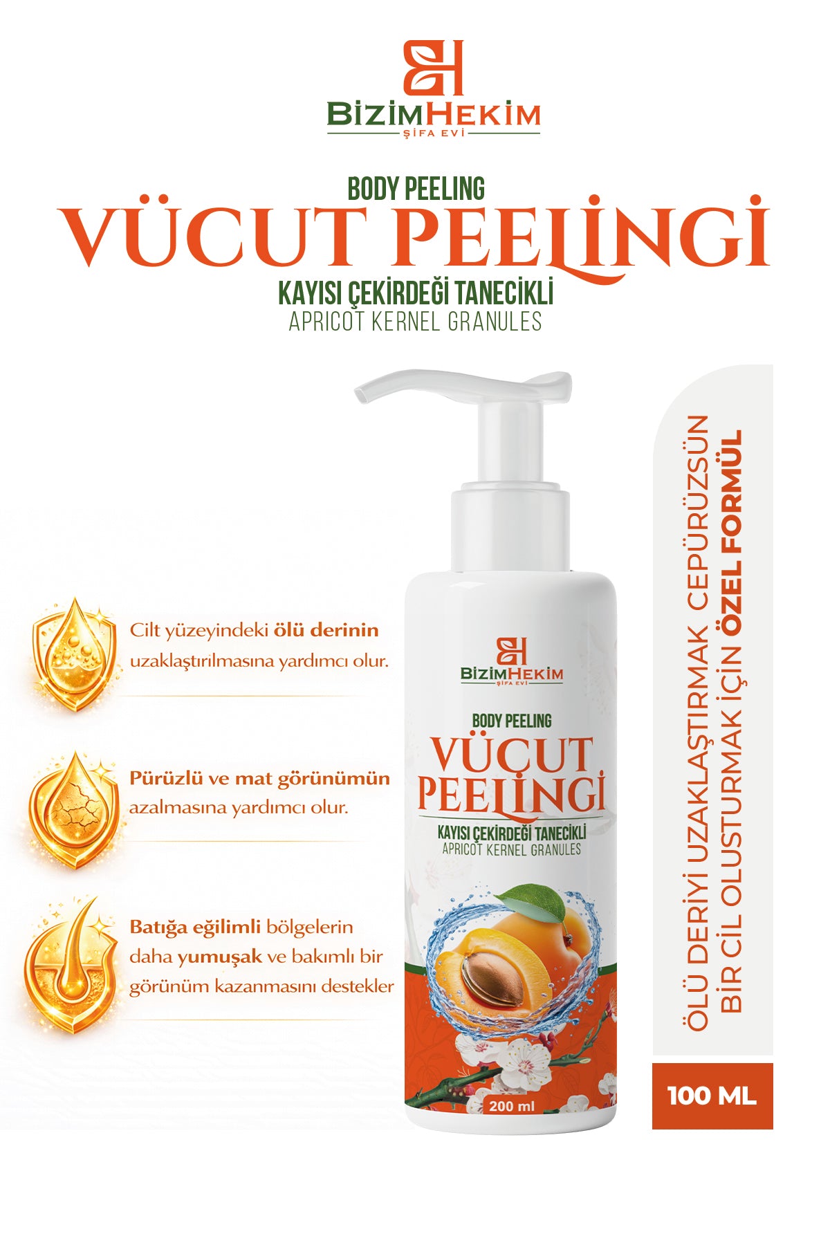 BizimHekim Kayısı Çekirdeği Tanecikli Vücut Peelingi | Pürüzsüz & Işıltılı Cilt Bakım Scrub 100 ml