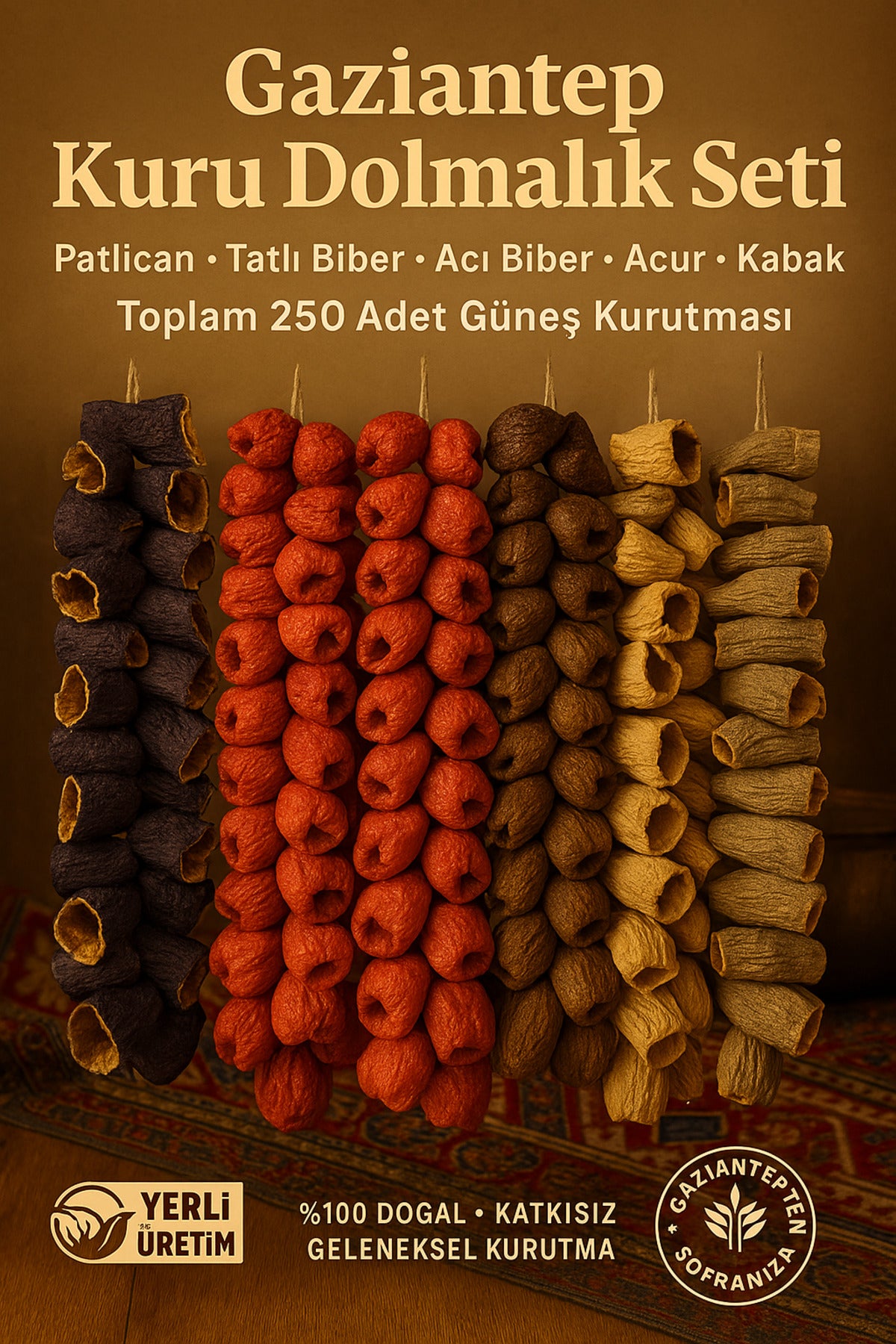 Gaziantep Kuru Dolmalık 250 Adet Patlıcan–Tatlı Biber–Acı Biber–Kabak-Acur %100 Doğal Güneş Kurusu