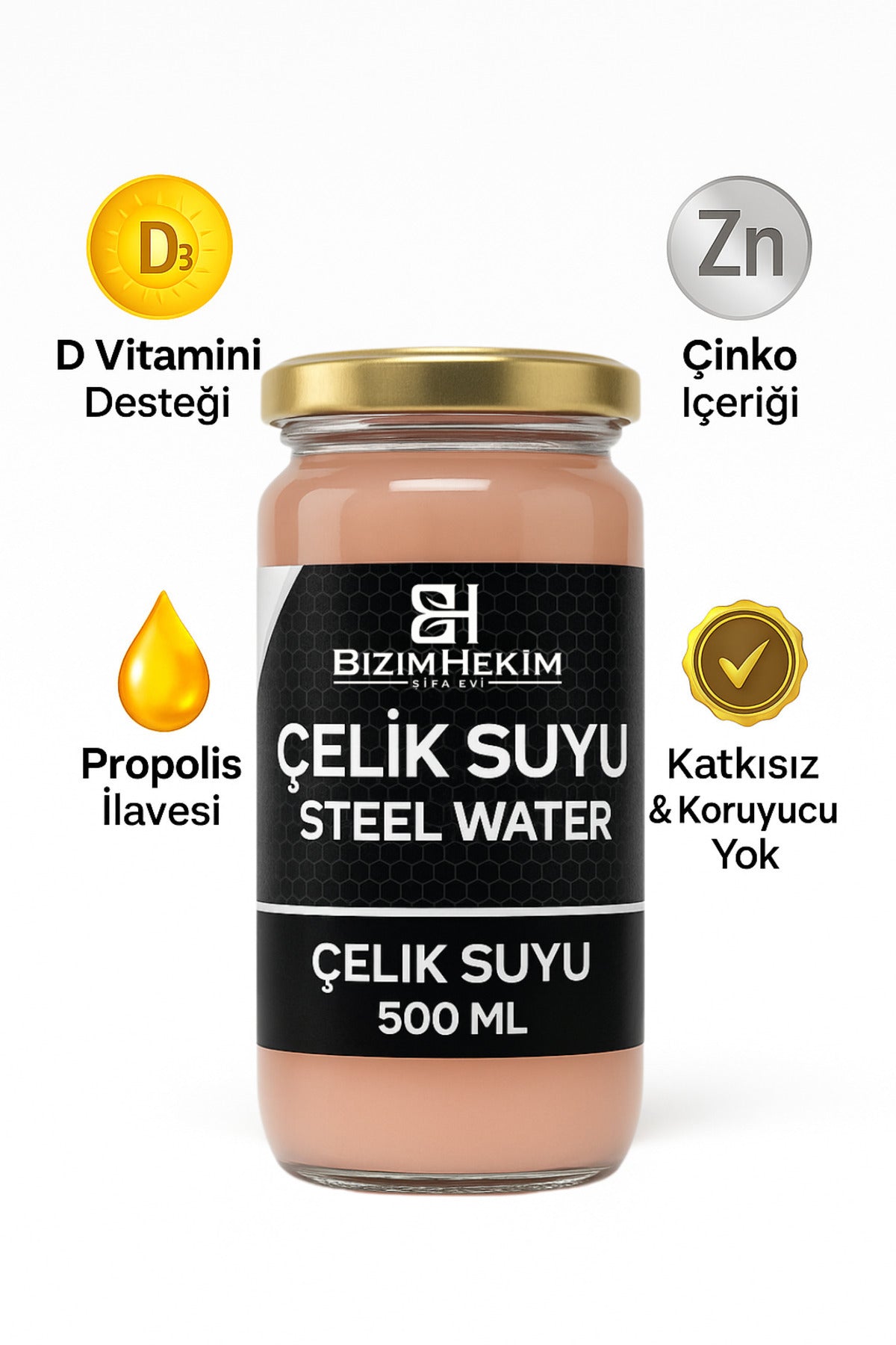 Çelik Suyu – Demir Suyu 500 ml Cam Şişe | D3 Vitamini, Çinko ve Propolis İlavesi