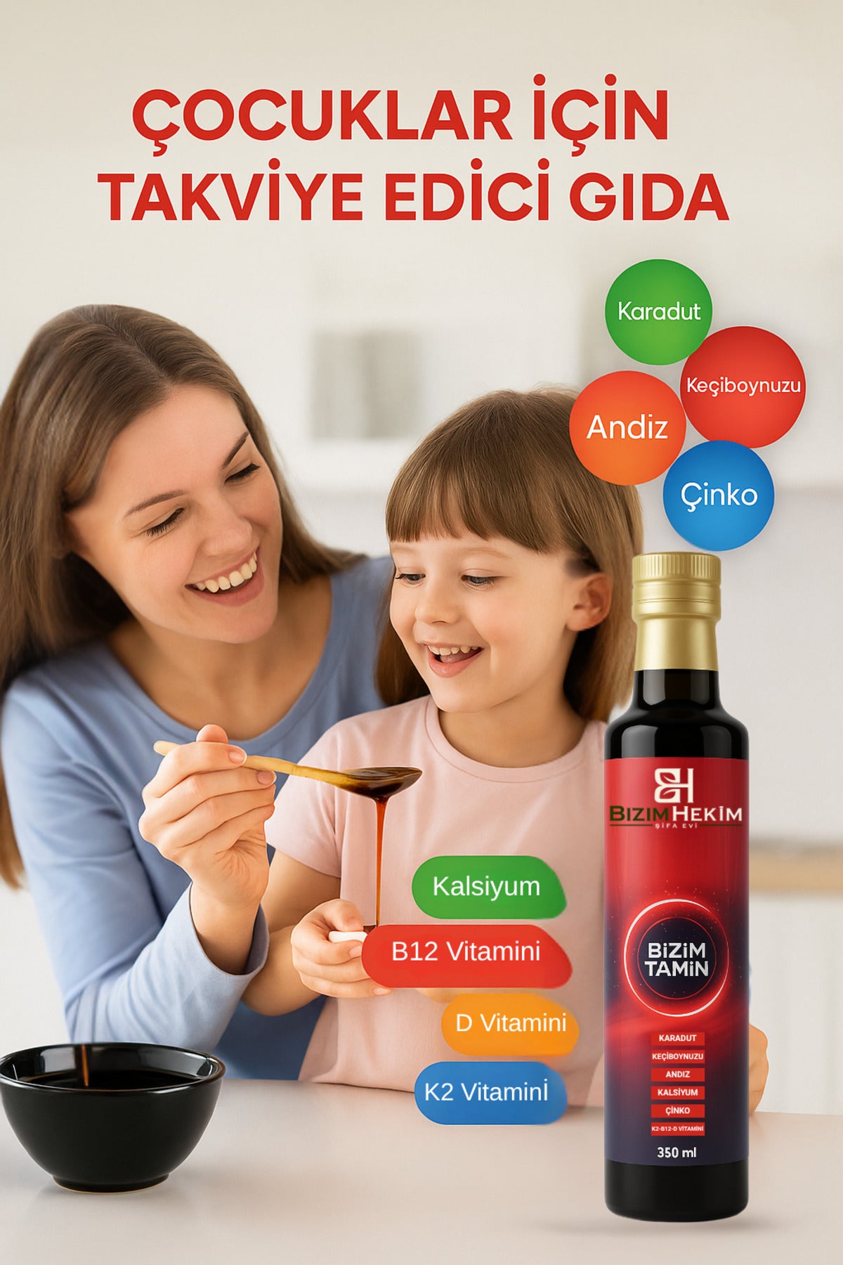 BizimTamin Şurup 340 gr | Doğal Vitamin Takviyesi | Çinko, Kalsiyum, D ve B12 Vitamini İçerikli