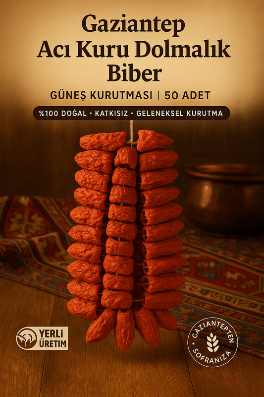 Gaziantep Acı Kuru Dolmalık Biber 50 Adet | %100 Doğal Güneş Kurutması