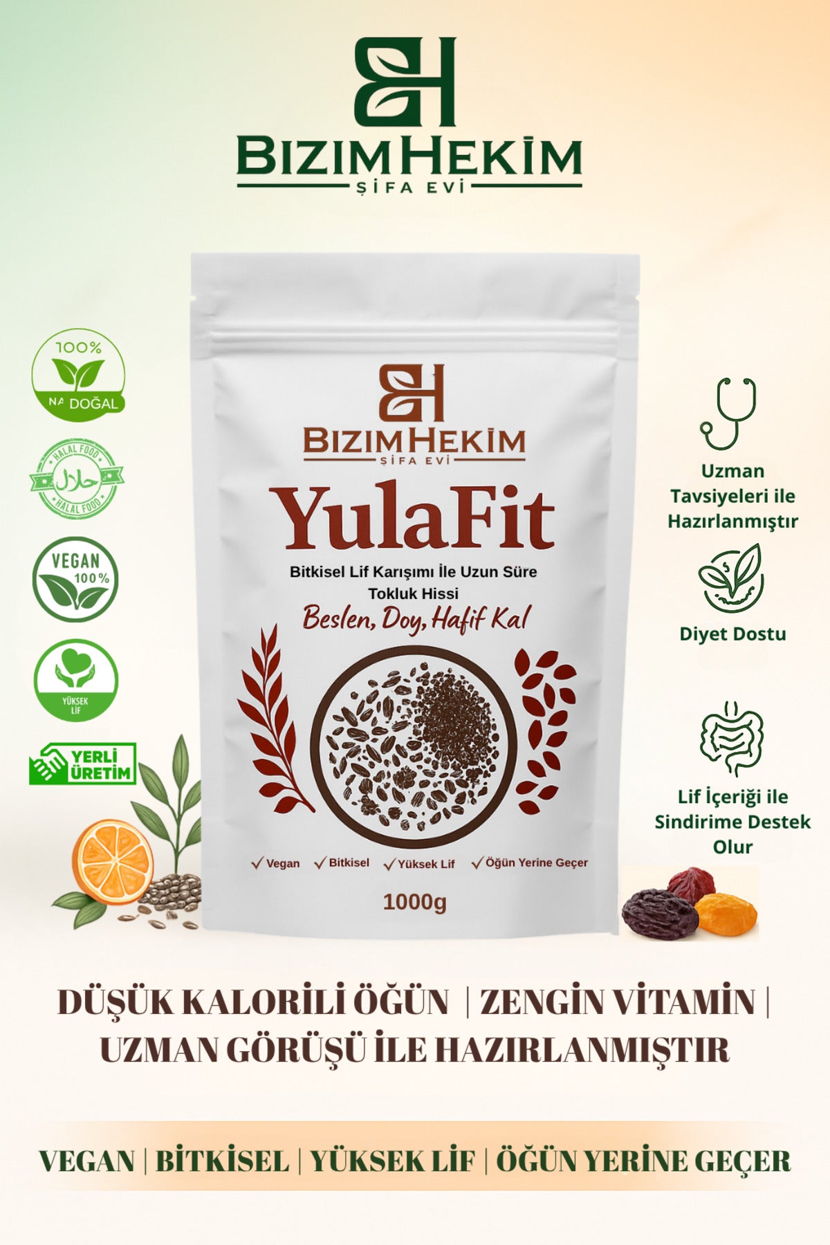 YulaFit | Doğal Kalorisiz Toktutan Lif Desteği Karışımı 1000GR (Yulaf Kepeği-Bitki Tohumları-Vegan)