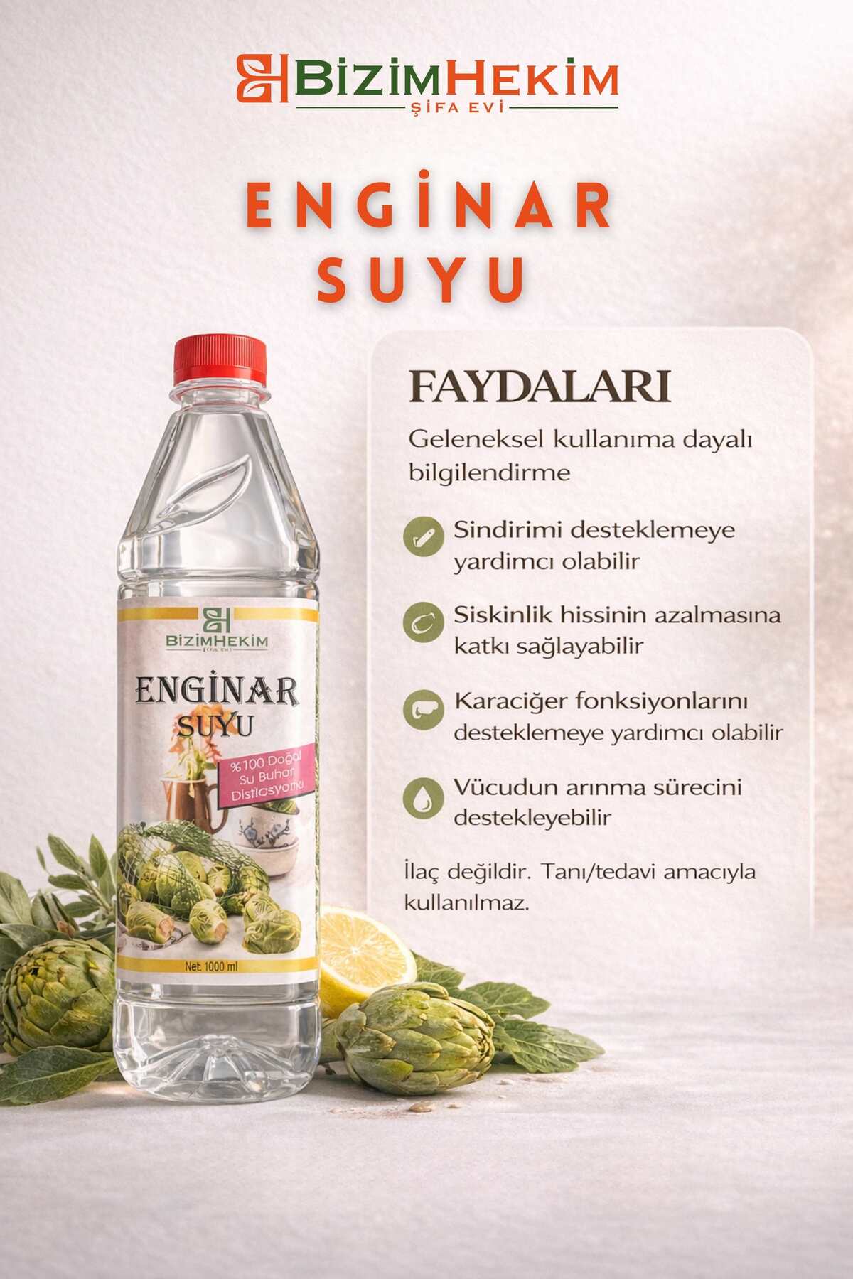 BizimHekim Enginar Suyu %100 Doğal Su Buharı Distilasyonu 1000 ml