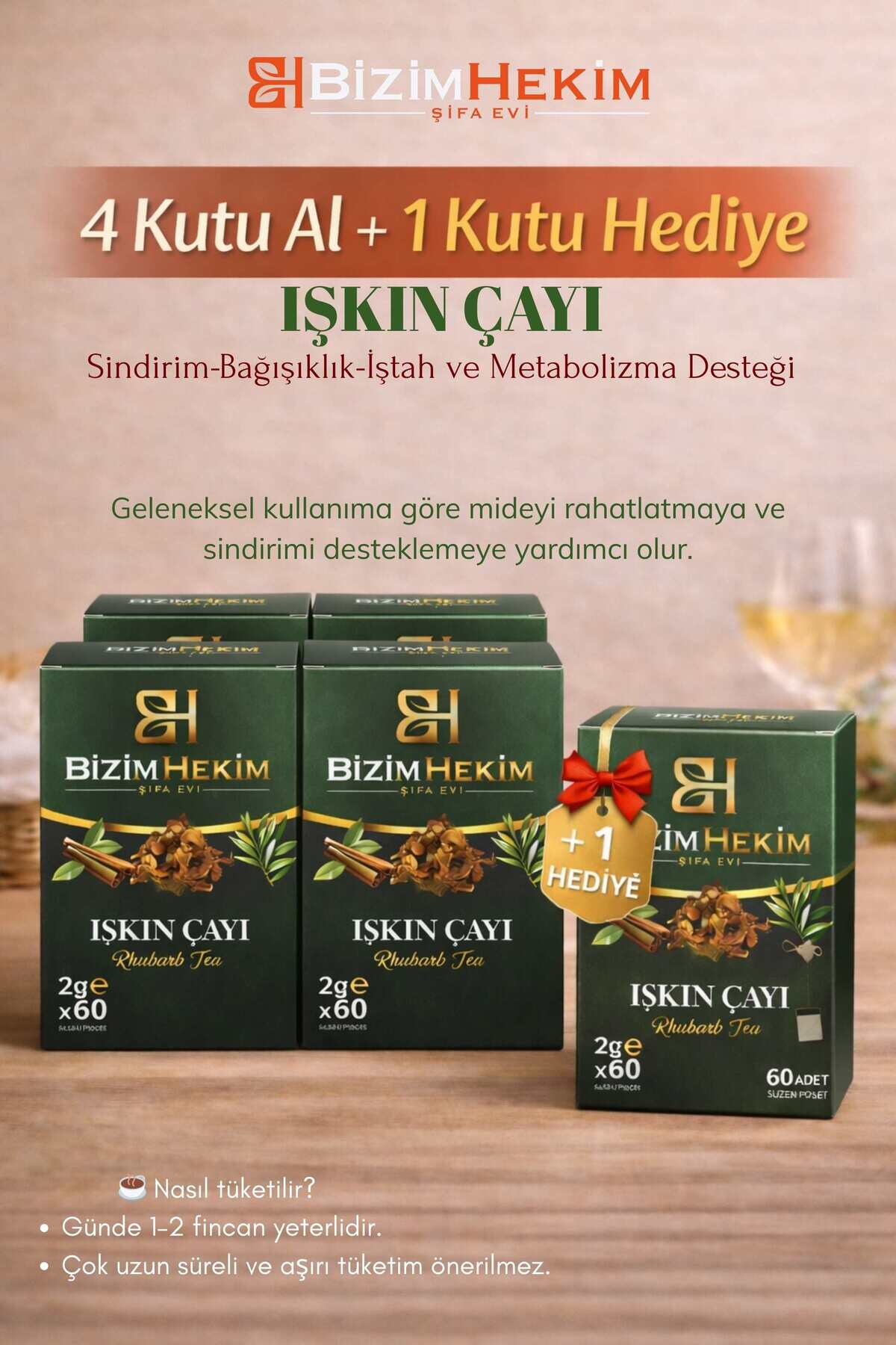 Bizim Hekim Işkın Çayı 4 Kutu + 1 Kutu Hediye, 2g x 60 Süzen Poşet Bitki Çayı