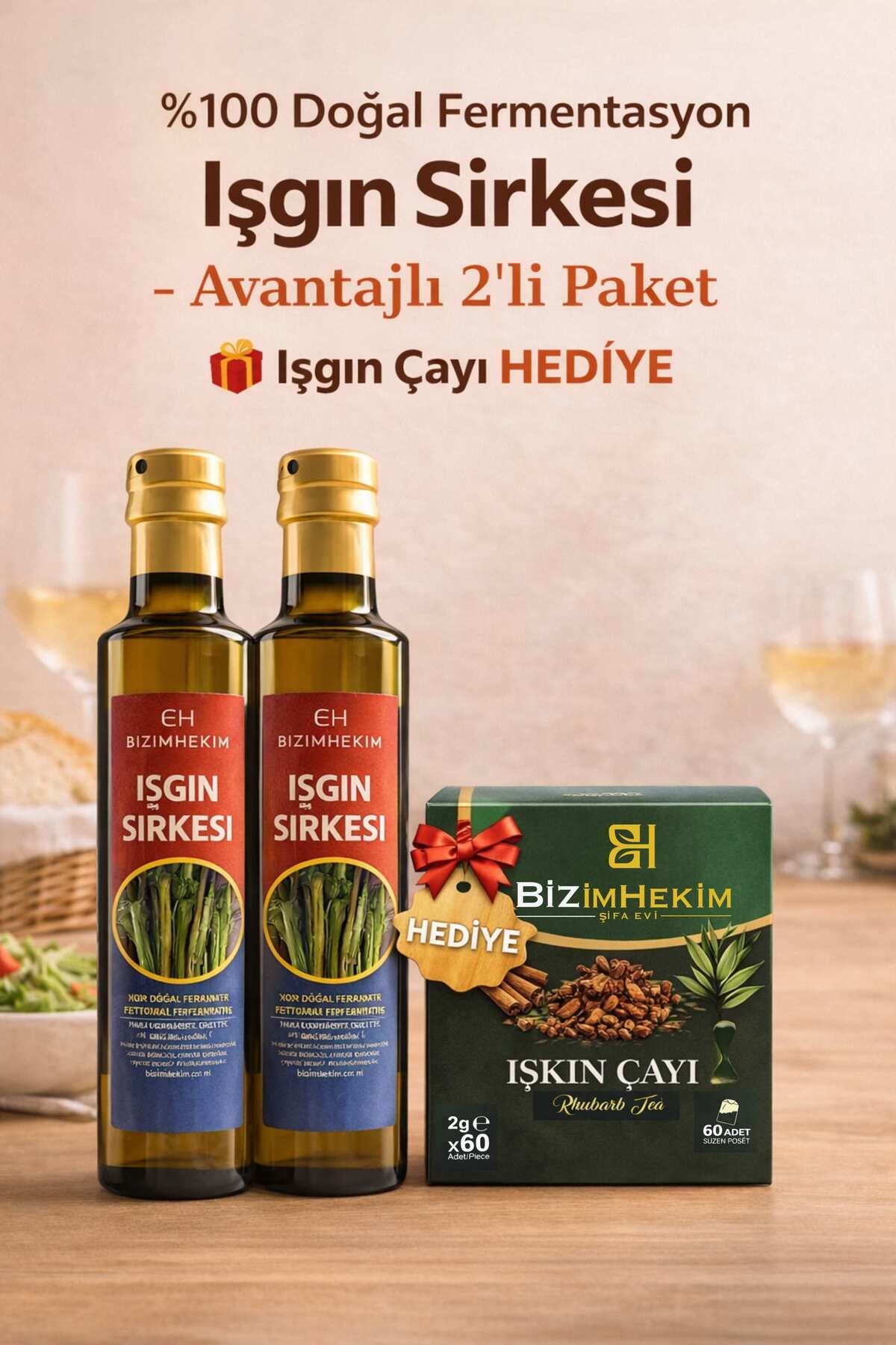Bizim Hekim %100 Doğal Fermente Işkın Sirkesi (Rheum Ribes) 2x500 ml + Işkın Çayı Hediye