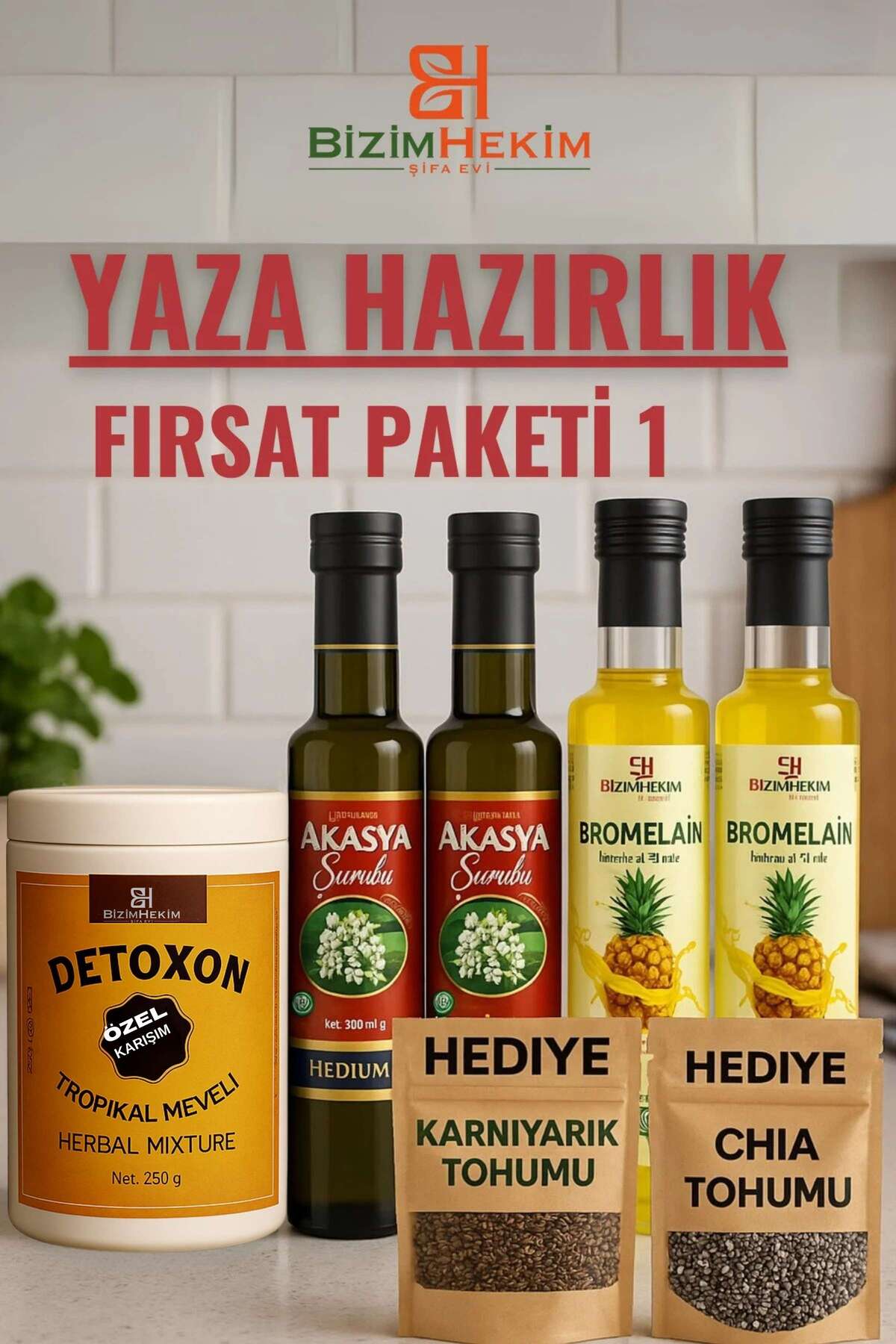 Detox Seti Akasya Şurubu, Bromelain Şurubu, Chia Tohumu, Karnıyarık Tohumu Fırsat Paketi
