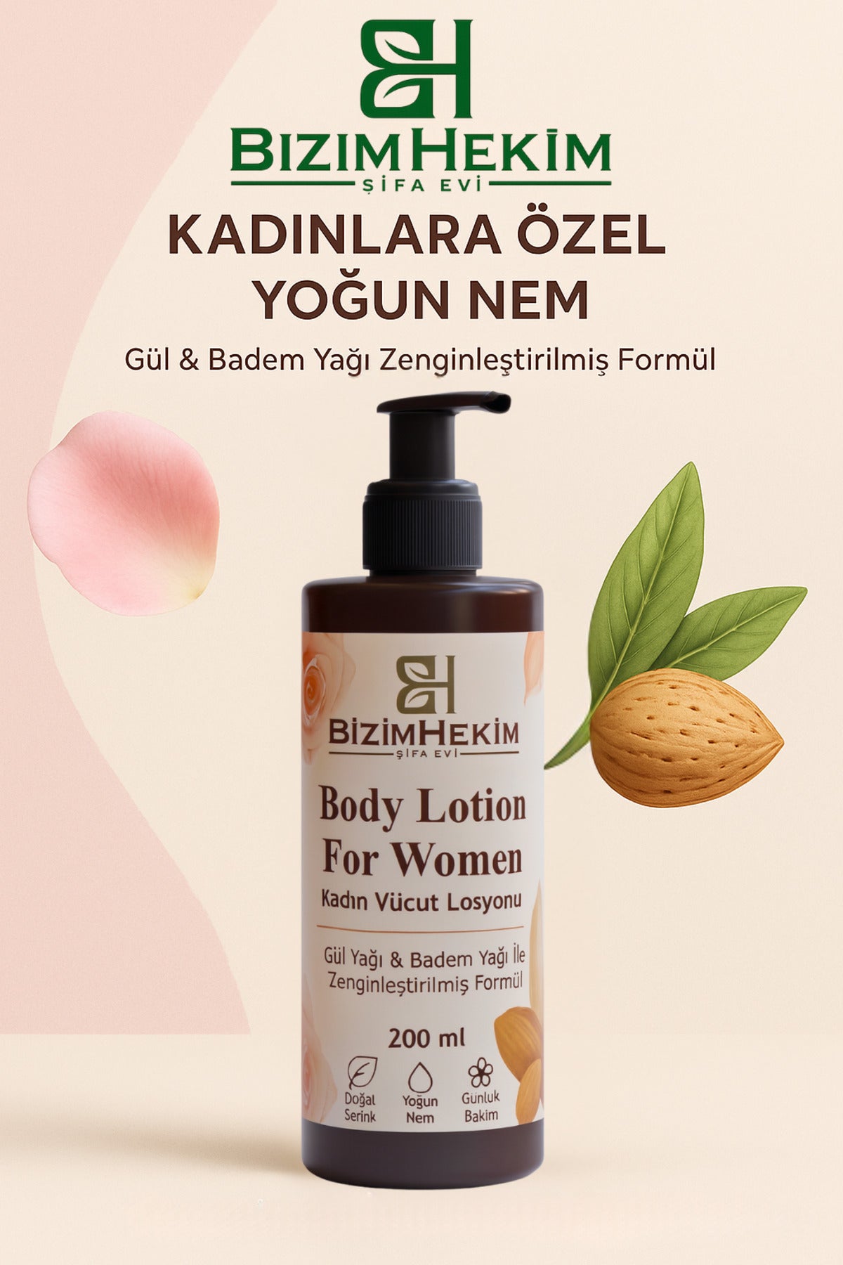 Kadın Vücut Losyonu 200ml | Nemlendirici Vücut Kremi, Gül & Badem Yağlı Doğal Bakım