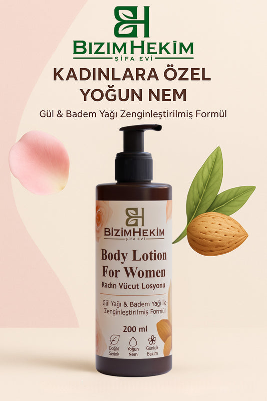 Kadın Vücut Losyonu 200ml | Nemlendirici Vücut Kremi, Gül & Badem Yağlı Doğal Bakım