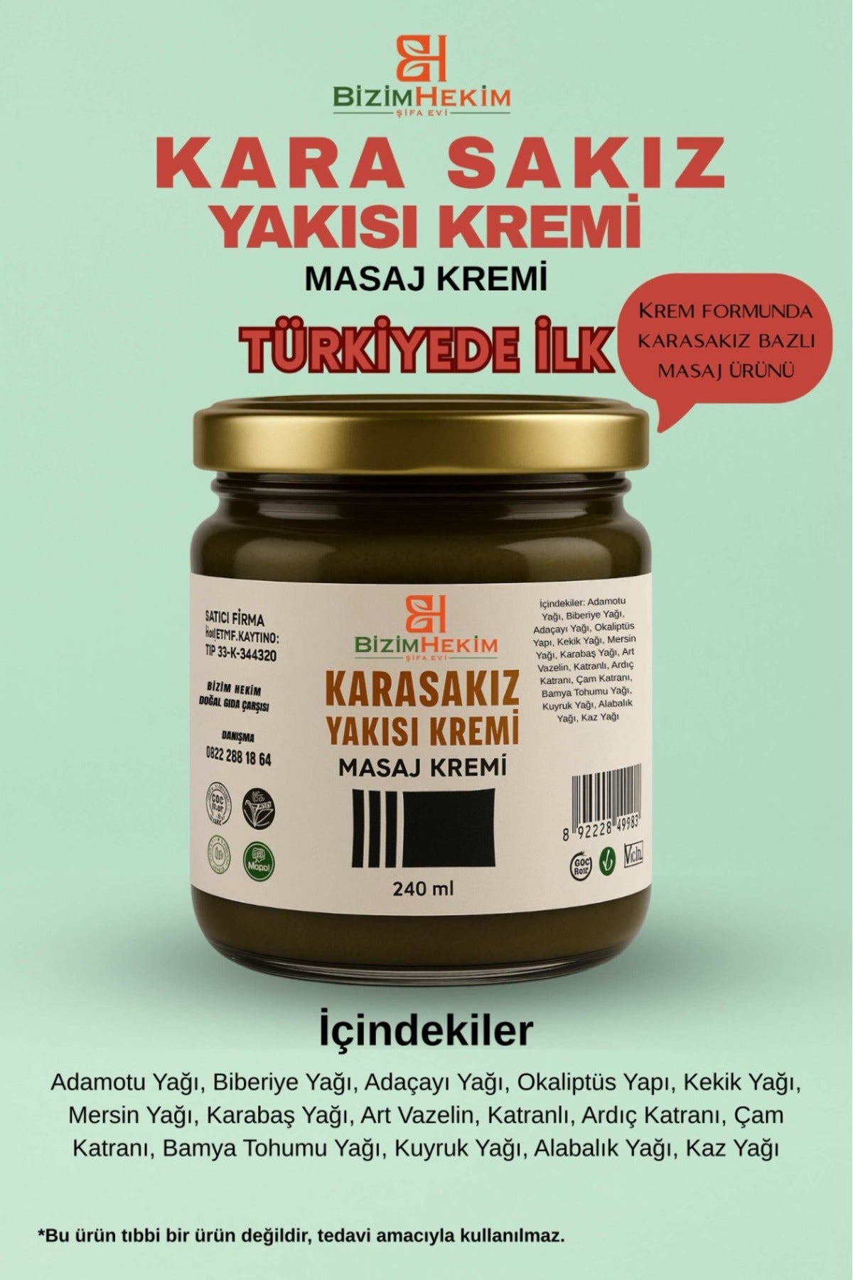 Doğal Hakiki Kara Sakız Yakısı Masaj Kremi 240 Ml