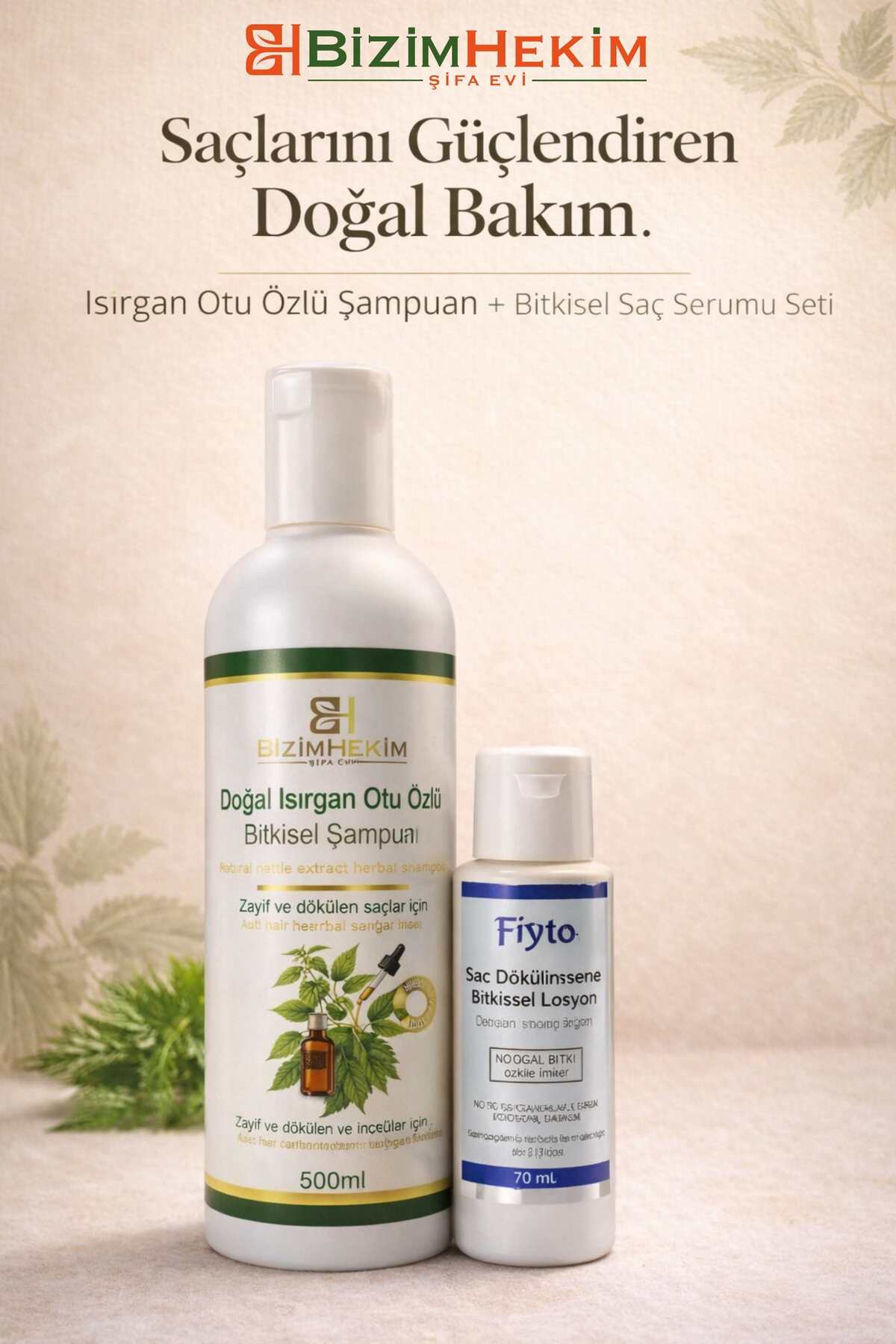 BizimHekim Isırgan Otu Özlü Bitkisel Şampuan 500 ml + Hediye Fiyto Bitkisel Saç Losyonu 70 ml