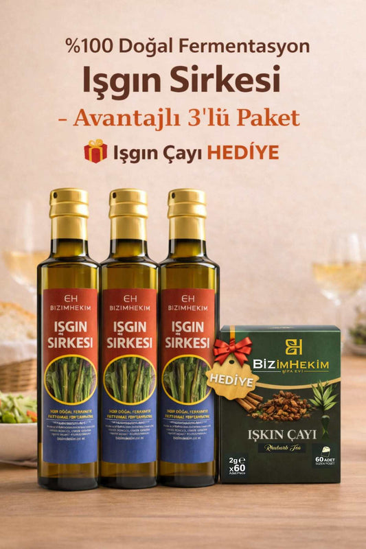 Bizim Hekim %100 Doğal Fermente Işkın Sirkesi (Rheum Ribes) 3x500 ml + Işkın Çayı Hediye