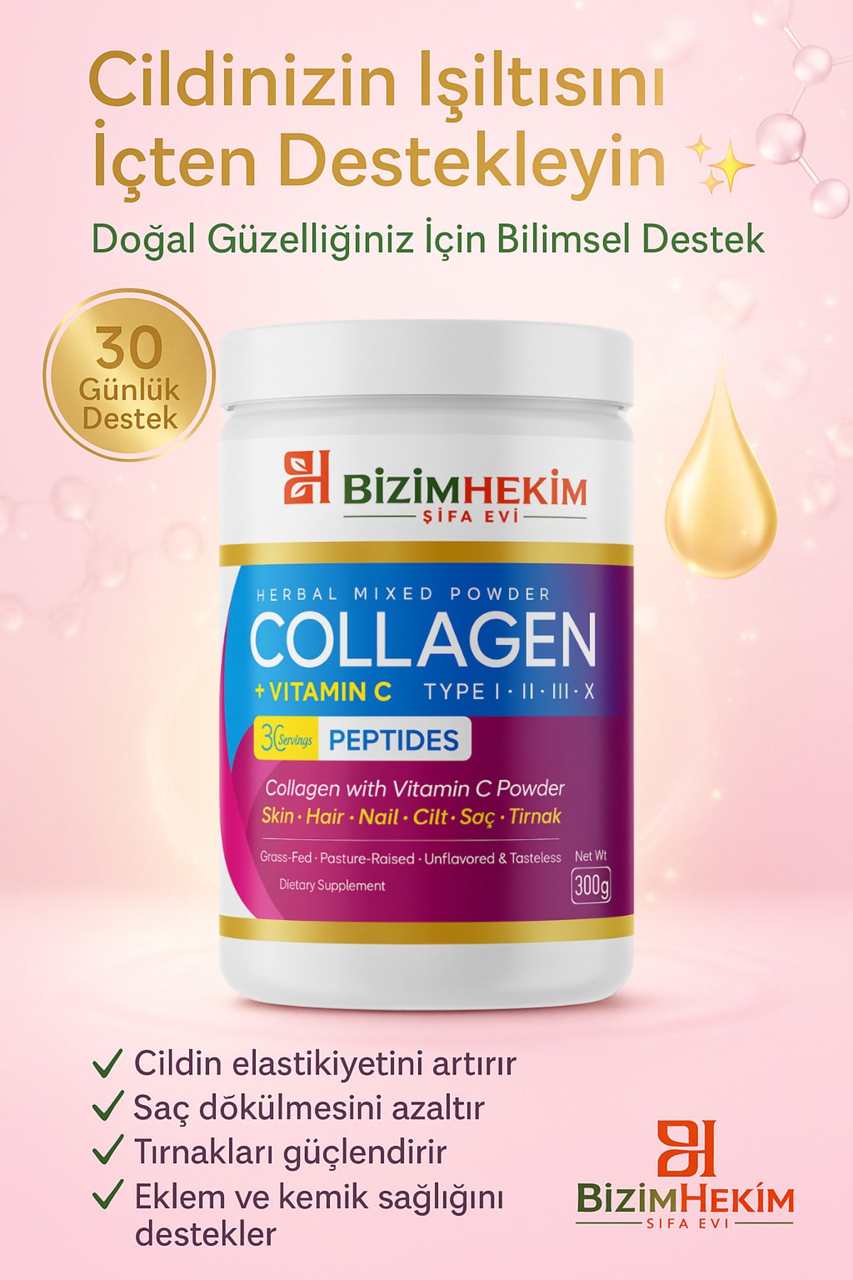 Collagen + Vitamin C | Biotin, Hyaluronik Asit & Q10 İçeren Toz Takviye (300 g)