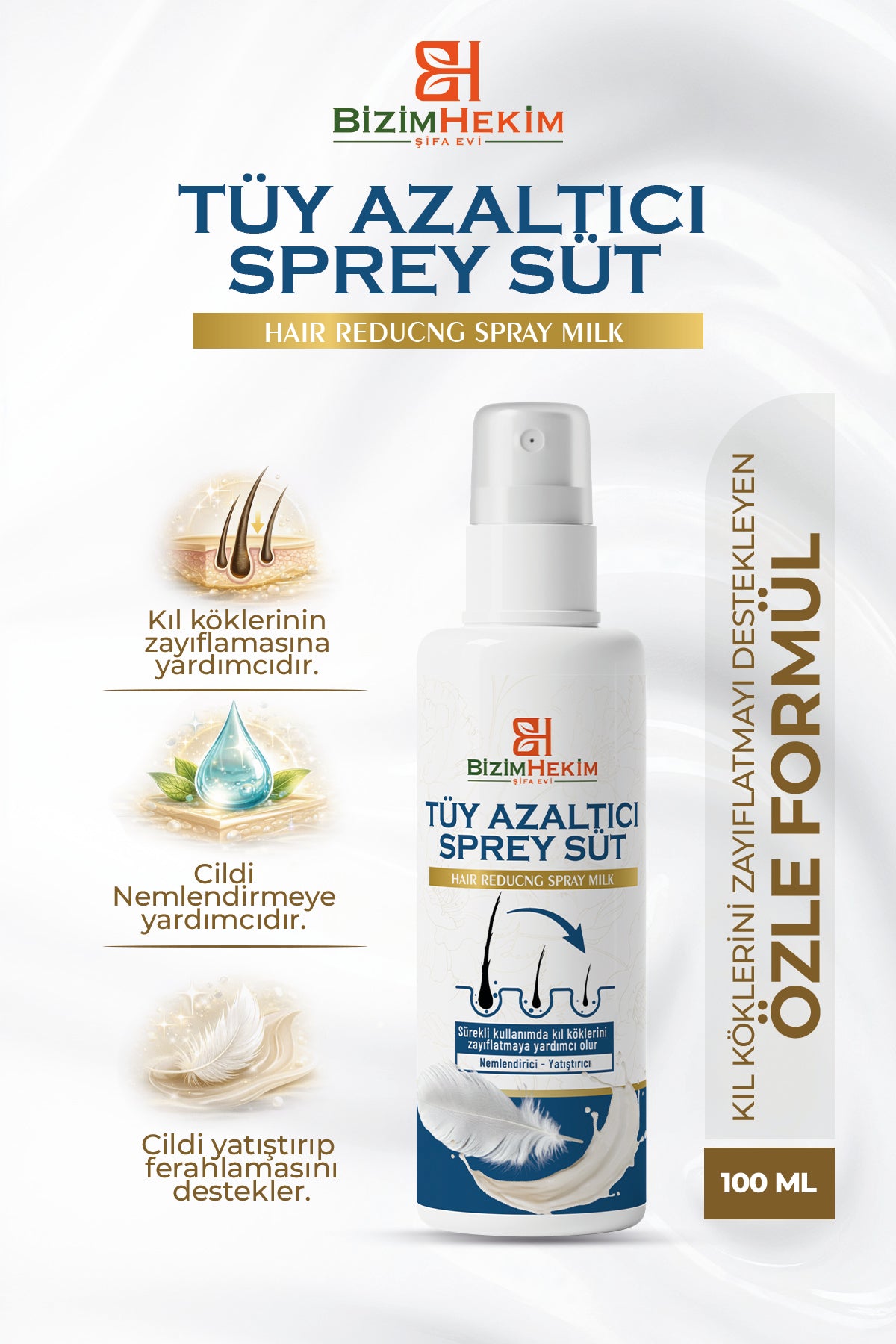 BizimHekim Tüy Azaltıcı & Geciktirici Sprey Süt 100 ml | Cilt Bakım Nemlendirici