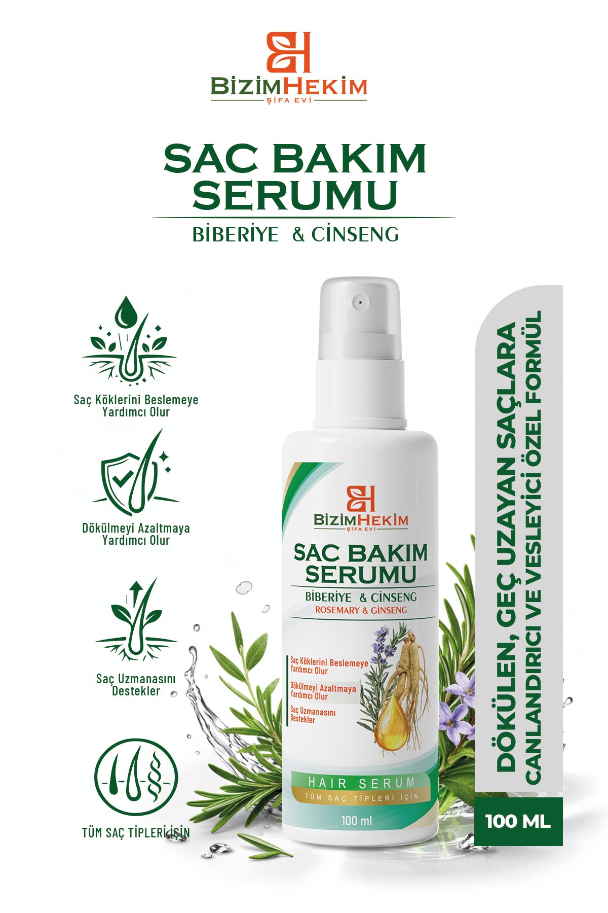 BizimHekim Biberiye Cinseng Saç Serumu Tüm Saç Tipleri İçin Dökülme Karşıtı Uzamaya Yardımcı Bakım 100 ML