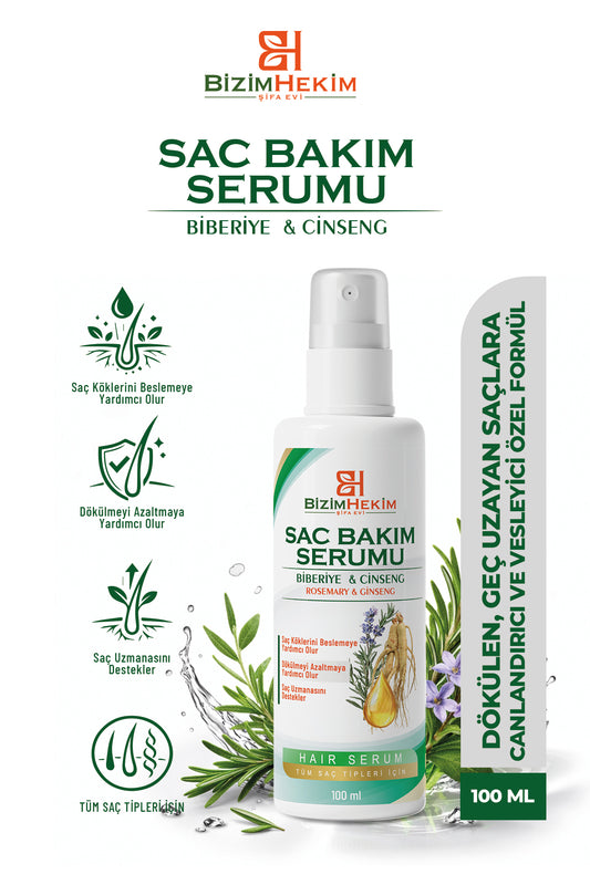 BizimHekim Biberiye Cinseng Saç Serumu Tüm Saç Tipleri İçin Dökülme Karşıtı Uzamaya Yardımcı Bakım 100 ML