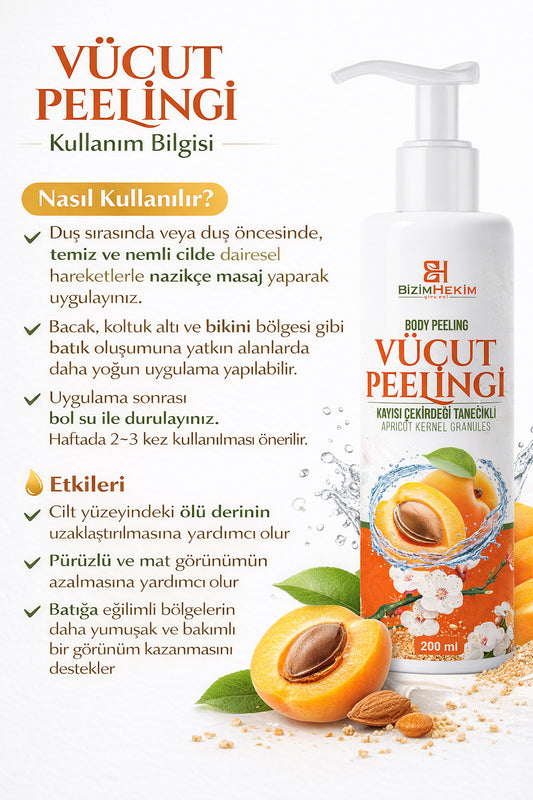 BizimHekim Kayısı Çekirdeği Tanecikli Vücut Peelingi | Pürüzsüz & Işıltılı Cilt Bakım Scrub 100 ml
